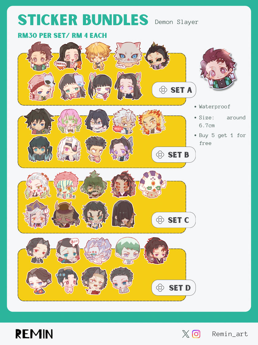 Catalogue of my sticker designs, chibi demon slayer character on top, 36 designs featuring tanjiro and other main characters as well as the demons.